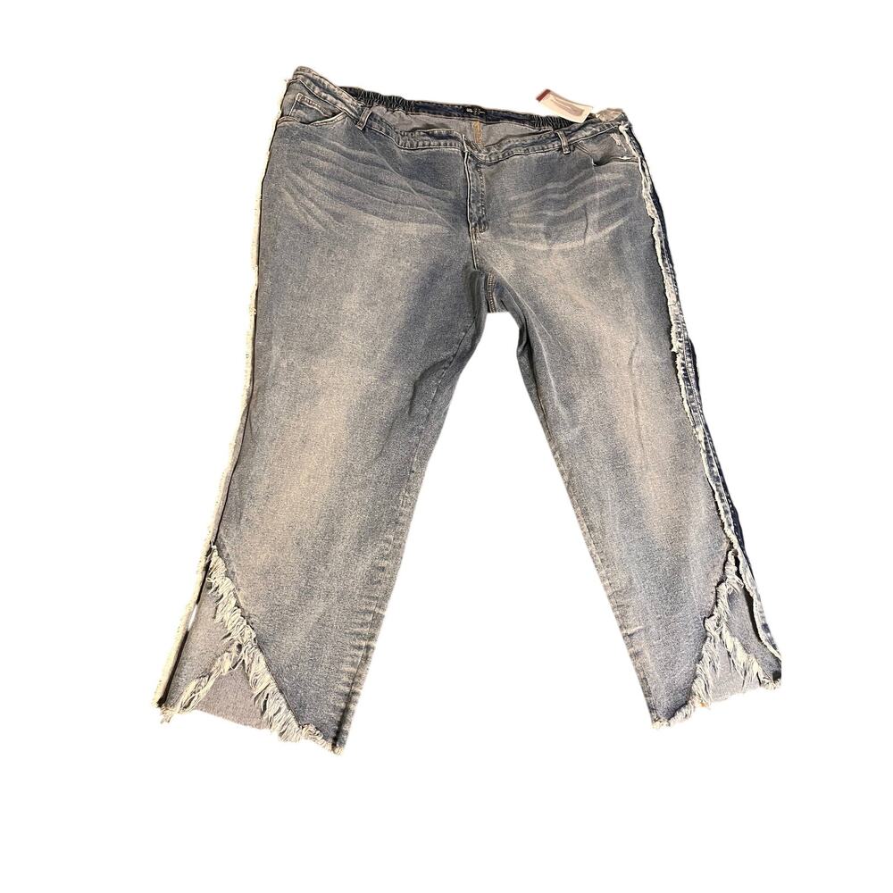 Ulla Popken Sammy Jeans Size 34 Blue Denim Distressed Slim Raw Hem Fringe Ankle